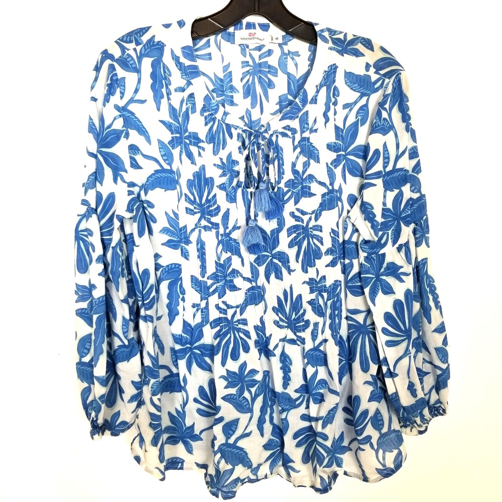 Vineyard Vines White Blouse with Blue Floral Print